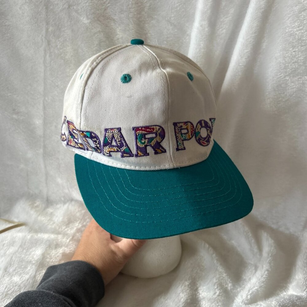 Cedar Point Amusement Park Adjustable Hat VINTAGE Turquoise White Embroidered